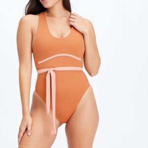 NWT Fabletics Lace-Up Racerback Swimsuit One-Piece Orange Sequoia Pink Tint XL